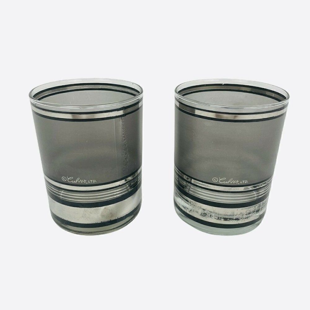 Vintage MCM Culver Silver Stripe Glass Set of 2 Bar Whiskey Loball Hiball Pair